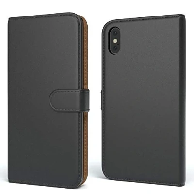 Abbildung von EAZY CASE Tasche kompatibel mit iPhone X/XS Schutzhülle Standfunktion Klapphülle im Bookstyle, Handytasche Handyhülle Flip Cover Magnetverschluss und Kartenfach, Kunstleder, Schwarz