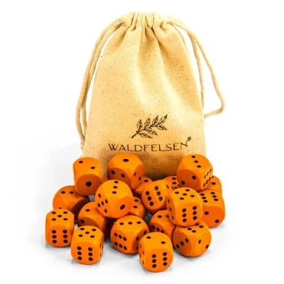 Abbildung von Waldfelsen 6, 12, 20, 30 oder 50 hochqualitative Holzwürfel aus echtem Buchenholz Augenwürfel Spielwürfel Holz in 16 mm Standardwürfel mit Stoffbeutel Würfelset (Orange, 20 Stück)