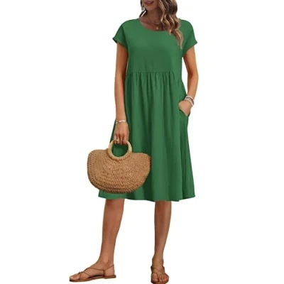 Abbildung von AUSELILY Damen Kurzarm Knielange Sommerkleider Sommer Lockeres Freizeitkleider Empire Kleider mit Taschen Kleine Rote Blumen M
