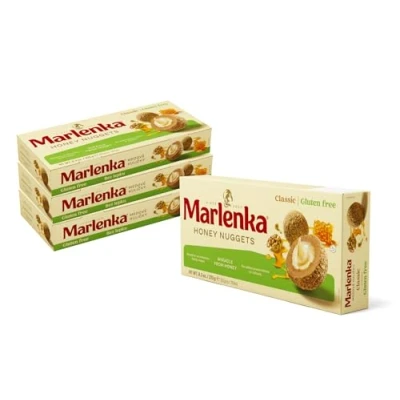 Abbildung von Marlenka Honigkugeln 3 + 1 Pack Glutenfrei Nuggets Gebäckkugeln mit Honig 4 x 10 Bälle 235g Süßigkeiten Großpackungen Süssigkeiten schmecken ähnlich wie Kuchen