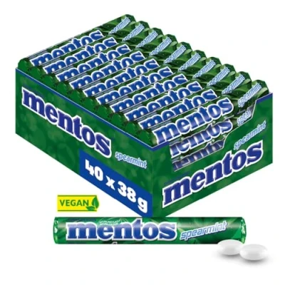 Abbildung von Mentos Kaubonbons Spearmint, Dragees mit Spearmint Geschmack für frischen Atem, Multipack, Bonbon Vorrats Packung, (40 Rollen), vegan