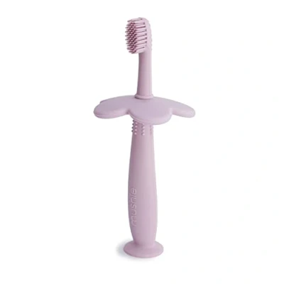 Abbildung von Mushie Kinderzahnbürste Blumen Design Handzahnbürste für kinder mit Saugnapf, 0 6 Jahre Stimuliert Zähne &amp; Zahnfleisch, extra weiche Bürste Sichere Hochwertige Soft Lilac