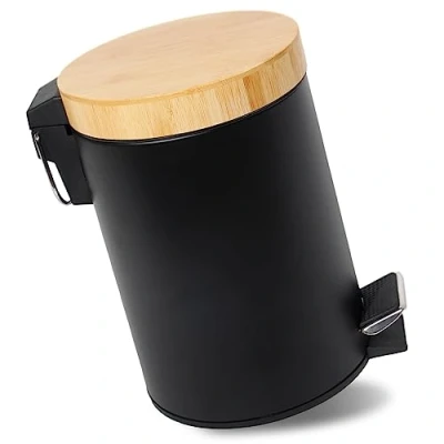 Abbildung von GREELUE 3L Mülleimer Bad mit Holzdeckel, Kosmetikeimer Absenkautomatik (Soft Close), Badezimmer eimer, Abfalleimer (Schwarz 3L)