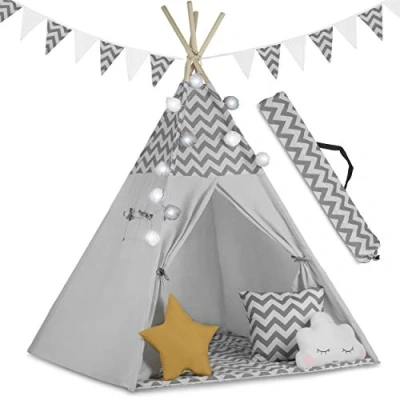 Abbildung von Nukido Zelt für Kinder aus Baumwolle Indoor &amp; Outdoor Spielzeug Fenster Zwei Kissen Isoliermatte LED Lampe Wigwam Indianerzelt Pappelholz 120 x 165 cm Grau