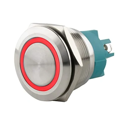 Abbildung von SeKi Edelstahl Drucktaster Ø25mm tastend flacher Kopfform farbig beleuchtetem LED Ring in rot Schraubanschluss; Klingeltaster
