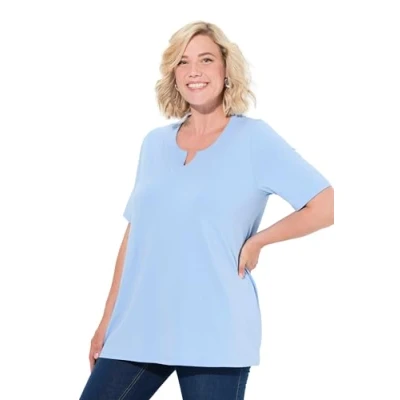 Abbildung von Ulla Popken Ausschnitt Halbarm Tshirt basic, Damen, Größe: 62/64, Light blue
