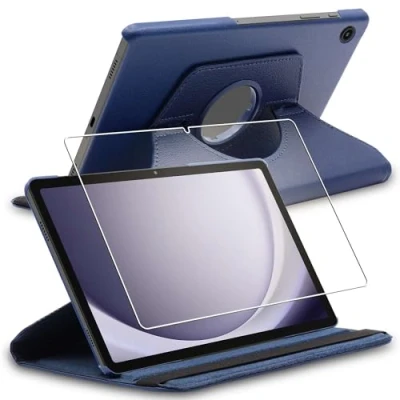 Abbildung von ebestStar Hülle für Samsung Galaxy Tab A9+ SM X210 (2023), Drehbar Schutzhülle, PU Lederhülle, Rotierende Ständer Etui, Rotating Case Cover, Dunkelblau + Panzer Schutz Glas