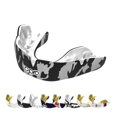 Abbildung von OPRO Instant Custom Fit Mundschutz, vom Zahnarzt angefertigter für ultimativen Komfort, Schutz, und Passform. Zahnschutz Rugby, Boxen, Hockey, MMA (Silberfarbene Tarnung, Erwachsene)