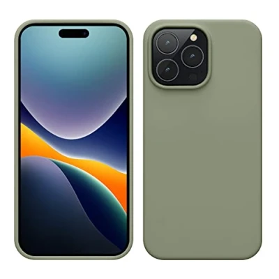 Abbildung von kwmobile Hülle für das iPhone 14 Pro Max dünnes Silikon Handy Case stoßfeste Handyhülle mit weicher Oberfläche unterstützt kabelloses Laden Graugrün