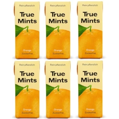 Abbildung von True Gum Mints 6er SET ORANGE Pflanzliche und zuckerfreie Pastillen, 6 x 13g