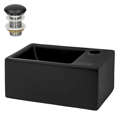 Abbildung von LuxeBath Waschbecken Aufsatzwaschbecken aus Keramik für Badezimmer/Gäste WC (Komplett Set), Schwarz matt 35,5x20,5x12,5cm inkl. Ablaufgarnitur