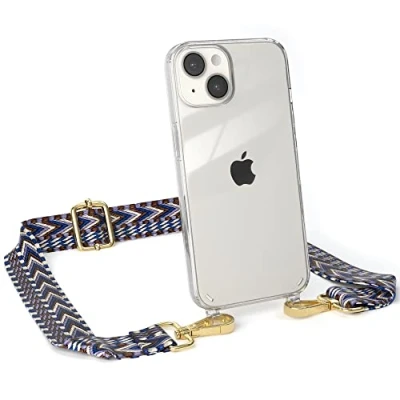 Abbildung von EAZY CASE Handykette Flexibler Trageriemen kompatibel mit iPhone 14, Schultergurt zum Umhängen, Taschenriemen, Band austauschen, Wechselgurt, Blau/Weiß Metall Gold