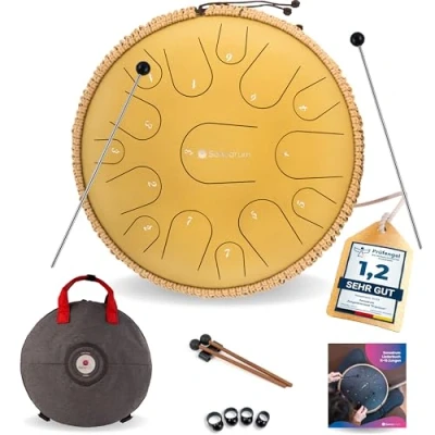 Abbildung von Sonodrum Zungentrommel &quot;Premium&quot; C Dur in Gold 35 cm groß mit 15 Tönen Steel Tongue Drum inkl. Liederbuch, Schlägel, Fingersticks und Tragetasche Notenlesen nicht nötig, einfach zu spielen.