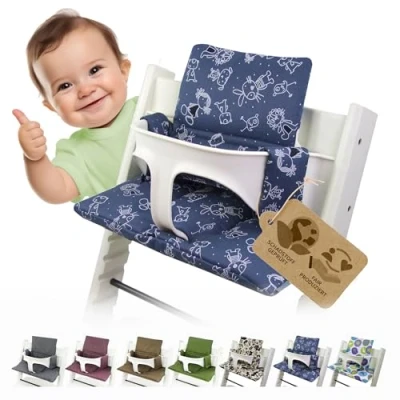 Abbildung von BambiniWelt Sitzkissen Auflage Sitzkissenset für Stokke Tripp Trapp Hochstuhl *15 FARBEN* Ersatzkissen Kissen 2 teilig (Marine W. Figuren)