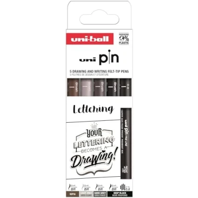 Abbildung von Uni Ball Stiftetui, 5 Stück, kalibrierte Marker, 0,8 mm, Schwarz/Grau/Sepia Set