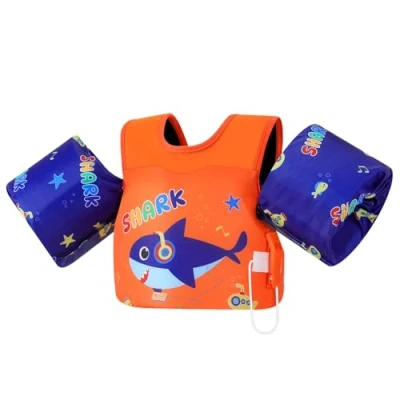 Abbildung von MoKo Kleinkind Schwimmflügel für Kinder, Schwimmjacke Kleinkinder 20 50 lbs, Wasserflügel mit Notfallpfeife, Niedliche Schwimm Trainingsweste Schwimmbad, Orange Blaues Headset Hai