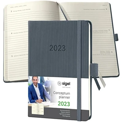Abbildung von SIGEL C2367 Terminplaner Wochenkalender 2023 ca. A6 dunkelgrau Hardcover 176 Seiten Gummiband, Stiftschlaufe, Archivtasche PEFC zertifiziert Conceptum