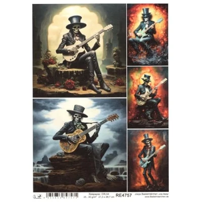 Abbildung von Josys Bastelmärchen Reispapier A4 Strohseide Decoupage Halloween Skelett Skull Gitarre RE4757
