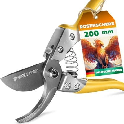 Abbildung von GRÜNTEK Gartenschere PHOENIX 200 mm TEFLON, Bequeme Bypass Baum Garten Astschere automatisch öffnende Teflon Klinge 50mm Bypass, Rosenschere, Rebschere, Baumschere