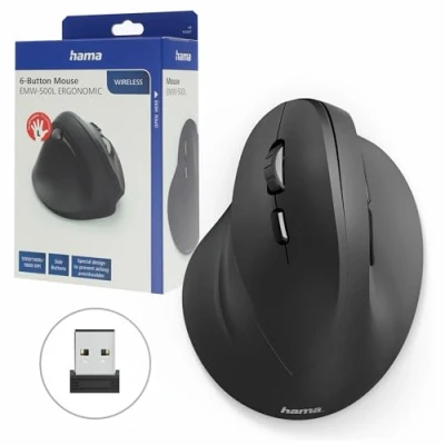 Abbildung von Hama Computermaus kabellos für Linkshänder, ergonomisch, vertikal, schwarz ergonomische Maus (Funk, Funkmaus, DPI Schalter, Browser Tasten, USB Empfänger)
