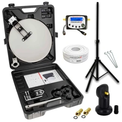 Abbildung von PremiumX Camping SAT TV Anlage Satellitenschüssel Satelliten Finder Single LNB 10m Kabel F Stecker Koffer Camp Stativ