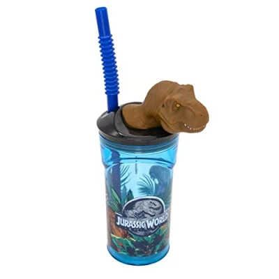 Abbildung von p:os Jurassic World Trinkbecher für Kinder mit integriertem Strohhalm, Deckel und 3D Figur, Trinkgefäß ca. 360 ml Fassungsvermögen, ideal kalte Getränke