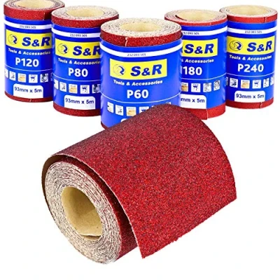 Abbildung von S&amp;R Schleifpapier Schleifpapierrollen Set, 93 mm x 5 m, (Set, St., je Körnung 5x P60, P80, P120, P180, P240), Schleifrollen zum Schleifen von Holz, Metall, Stahl, Edelstahl