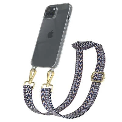 Abbildung von EAZY CASE Handykette mit verstellbarem Trageriemen für iPhone 15 Taschengurt zum Wechseln transparenter Handyhülle Hülle dünner Schulterriemen in Blau Weiß Gold