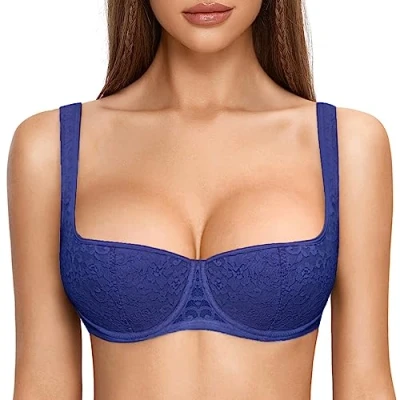 Abbildung von DOBREVA Damen Push Up BH Dirndl Bügel Balconette Spitzen Sexy Leicht Gepolstert Große Größen Starshine Blau 75B