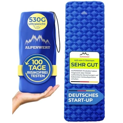 Abbildung von Alpenwert Isomatte Outdoor Camping Schlafmatte Aufblasbar Sleeping Pad, (Set), Kleines Packmaß, Ultra Leicht, GRATIS Reparatur Kit