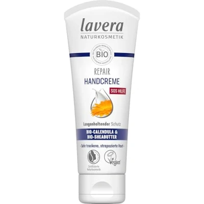 Abbildung von lavera Repair Handcreme Bio Calendula &amp; Sheabutter SOS Hilfe für beanspruchte Hände lindert sofort Spannungsgefühle langanhaltender Schutz Naturkosmetik vegan (1 x 75 ml)