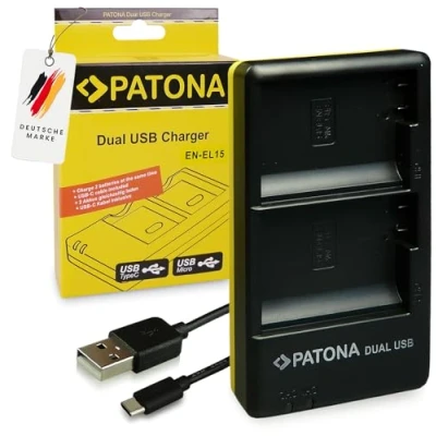 Abbildung von PATONA EN EL15 EL15a EL15b EL15c Akku Ladegerät (1965) Dual USB (USB c und Mikro Eingang)