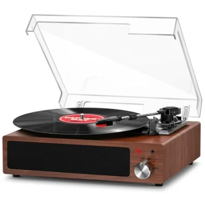 Abbildung von Plattenspieler, FYDEE Vinyl Plattenspieler Bluetooth Schallplattenspieler Vintage Turntable mit Eingebauter Stereo Lautsprecher und 3 Gang 33/45/78 U/min,RCA Ausgang, AUX Eingang Nussbaum
