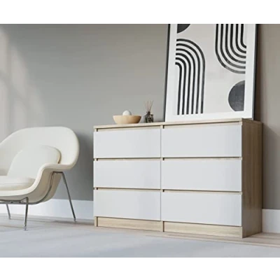 Abbildung von 3E 3xE living.com Kommode 6 120 cm mit Schubladen Größen (Sonoma &amp; Weiß)