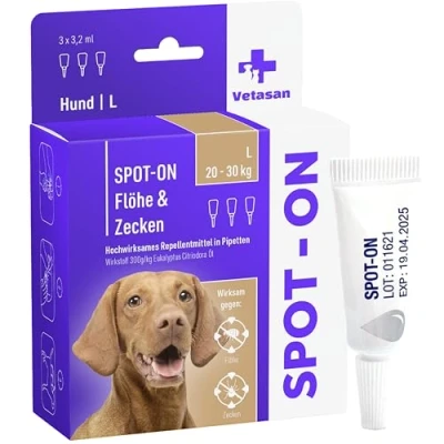 Abbildung von Vetasan Spot ON für Hunde 20 30kg (L) gegen Flöhe &amp; Zecken 3 Monate Schutz HOCHWIRKSAM Zeckenmittel Zeckenschutz Hundeflohmittel