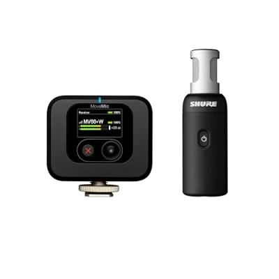 Abbildung von Shure MoveMic 88+ Drahtloses Mikrofonset Professioneller Audio Recorder für Film /Feld Aufnahmen und Interviews, Stereo Mikro 4 Richtcharakteristiken Kompatibel mit iOS/Android über MOTIV App