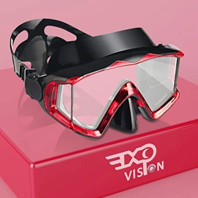 Abbildung von Pano 3 Fensteransicht Tauchmaske für Erwachsene, Schnorchel aus gehärtetem Glas, Premium Schwimmbrille mit Nasenabdeckung zum Schnorcheln, Freitauchen, Schwimmen (Rot)
