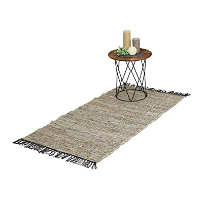 Abbildung von Läufer Flickenteppich aus Leder &amp; Baumwolle, relaxdays, Höhe: 5 mm, Grau, 70x140cm