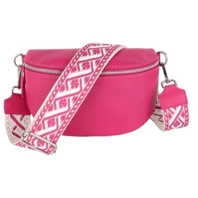 Abbildung von MIRROSI® Bauchtasche Damen, Echtleder, Made in Italy, Umhängetasche, Brusttasche, Crossbody Bag (1 Tasche &amp; 2 Gurte) (Pink (Kette), Große (28x18x9cm))