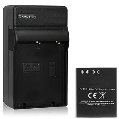 Abbildung von Ersatz Akku 2040mAh + Ladegerät (KFZ, Netz) kompatibel zu Olympus BLH 1 BLH1 für OM D E M1 Mark II/OM M1X (voll decodiert, unterstützt Restlaufzeitanzeige!)
