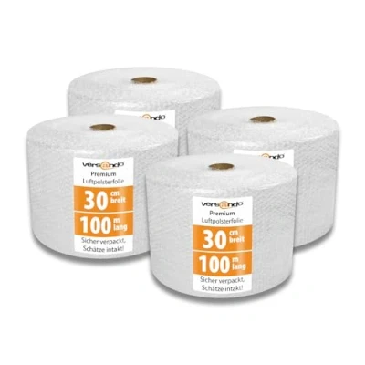 Abbildung von versando 4x Premium Luftpolsterfolie 100m x 0,3m Versand, Verpackung, Umzug Noppenfolie Bubble Wrap LPF Rolle