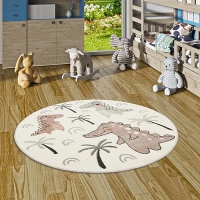 Abbildung von Pergamon Kinder Teppich Weich Kinderzimmer Softstar Kids Lustige Dinos Bunt Rund in 3 Größen
