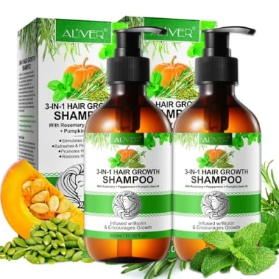 Abbildung von P Beauty 3 in 1 Haarwachstum Shampoo 2x mit Rosmarin, Minze &amp; Kürbiskernöl 300ml Haarshampoo Biotin geschädigtes Haar Haarpflege, Kopfhautpflege Feuchtigkeit, Glanz Schutz vor Haarbruch
