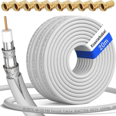 Abbildung von HB DIGITAL 20m Koaxialkabel HQ 135 Antennenkabel 135dB SAT Kabel 8K 4K UHD 4 Fach geschirmt für DVB S / S2 C C2 T T2 DAB+ Radio BK Anlagen + 10 F Stecker GRATIS