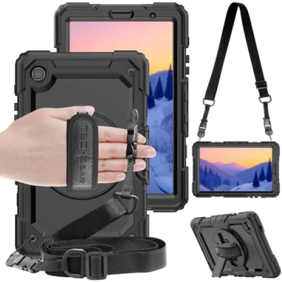 Abbildung von TECHGEAR Utility Hülle Kompatibel mit Samsung Galaxy Tab A7 Lite 8.7 (SM T220/SM T225) Robust Stoßfest Outdoor Schutzhülle 360 Grad Schwenkständer, Hand Schultergurt, Eingebaut Bildschirm Schwarz