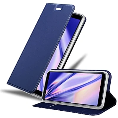 Abbildung von Cadorabo Hülle kompatibel mit Samsung Galaxy A7 2018 aus Premium Kunst Leder Flip Klappbare Stoßfeste Magnetische [Standfunktion] [Kartenfächern] Cover für Tasche in Blau
