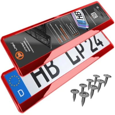 Abbildung von L &amp; P Car Design Kennzeichenhalter für Auto in Rot Chrom Kennzeichenhalterung, (2 Stück)