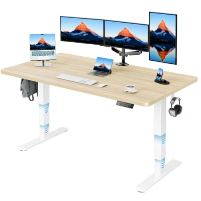 Abbildung von HUANUO Höhenverstellbarer Schreibtisch 3 Stufen Beine 160x80cm Ganze Tischplatte, Elektrischer mit 2 starken Motoren,Tisch Höhenverstellbar 4 Speicher Steuerung, Natur