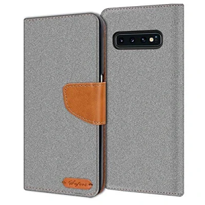 Abbildung von Verco kompatibel mit Samsung Galaxy S10 Hülle, Schutzhülle für Tasche Denim Textil Book Case Flip Klapphülle, Grau