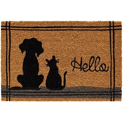 Abbildung von matches21 HOME &amp; HOBBY Fußmatte Kokosmatte Hello Spruch Katze Hund als aussen Sauberlaufmatte, rechteckig, Höhe: 15 mm, Rutschfeste Kokos Türmatte Outdoor Schmutzfangmatte 40x60 cm